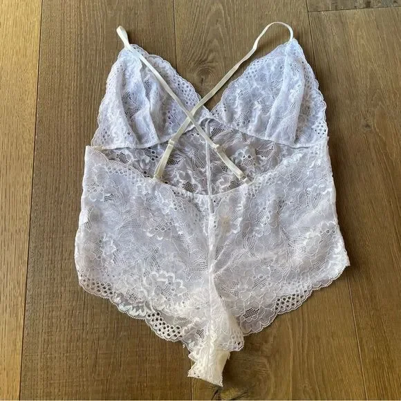 Sexy Lingerie Jumpsuit with Criss Cross Straps Semi Sheer White Lace Seduce, M - Picture 7 of 13